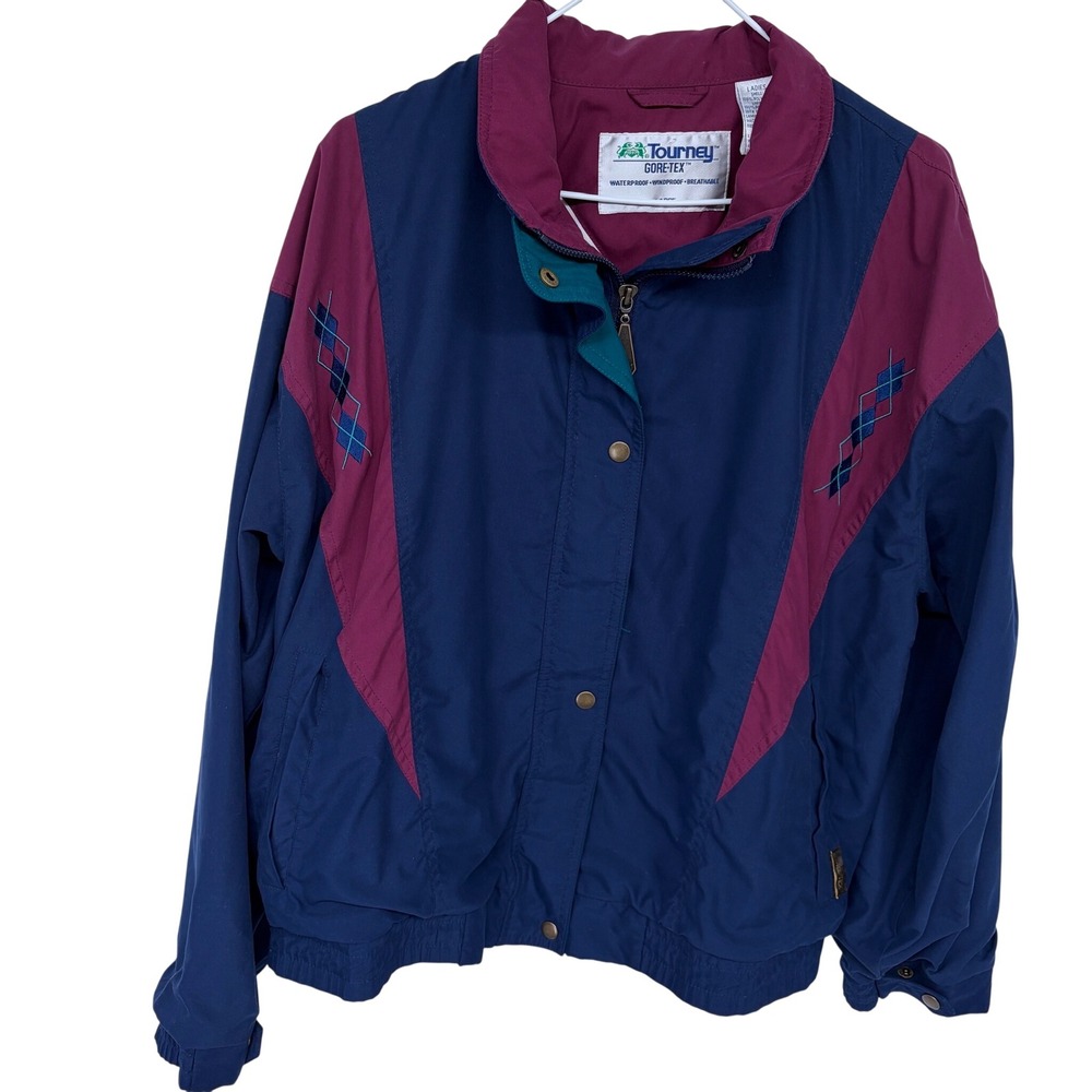 Vintage Tourney Gore-Tex Jacket Womens Large Navy Blue Maroon Argyle‎ Waterproof